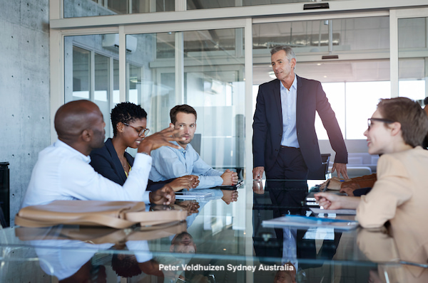 A diverse group of professionals engaged in a business discussion around a conference table with Peter Veldhuizen, a middle-aged man, standing and leading the meeting in a modern office setting.
